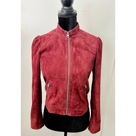 Lucky Brand Suede Puff Sleeve Leather Jacket - Cranberry - X-Small - Picture 1 of 6
